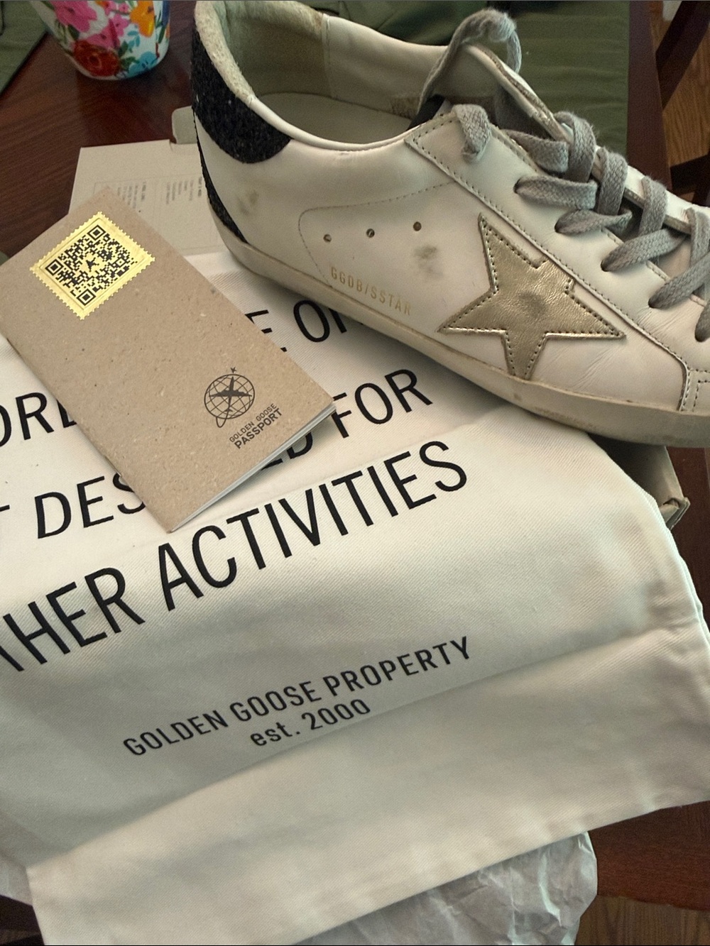 Golden Goose White Leather Sneakers with Gray Laces and Black Heel